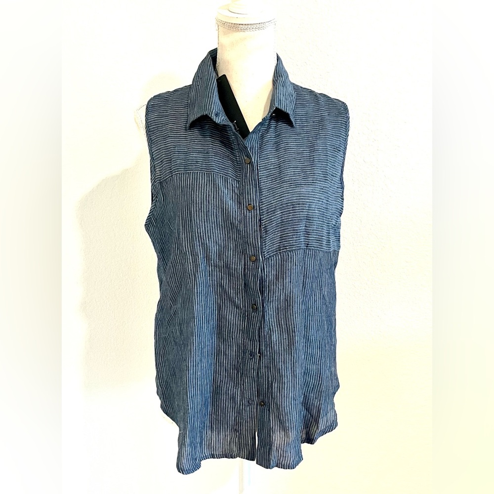 Linen Sleeveless Button-Front Denim Pin Stripe Shirt - Blue